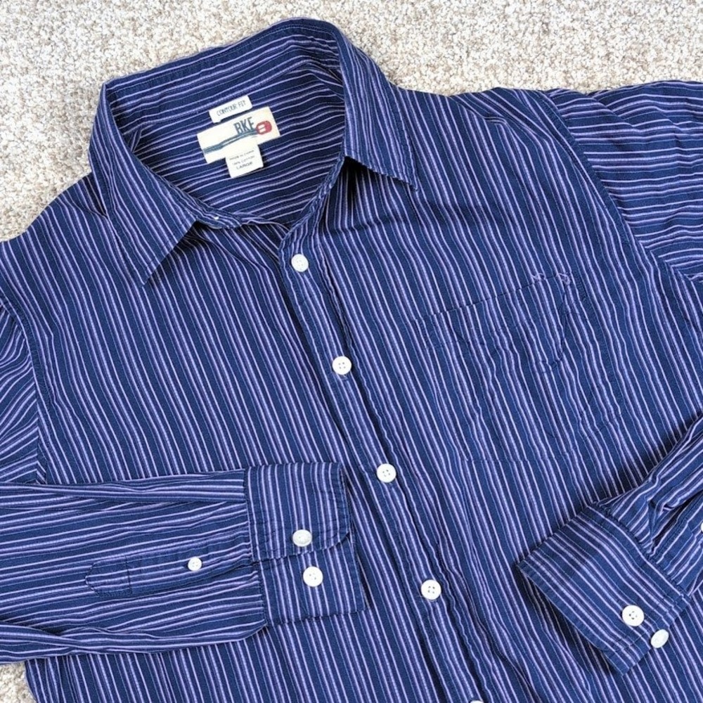 BKE Mens Large Blue Purple Striped Long Sleeve Button Down Shirt Contour Fit